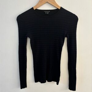 Theory 100% Merino Wool, Black & Navy Striped Ribbed Long Sleeve Shirt, Size S